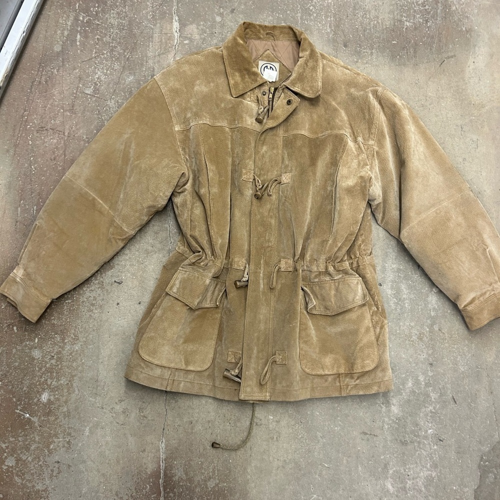 Men r&r tan Suede Jacket with Drawstring Waist and‎ toggles